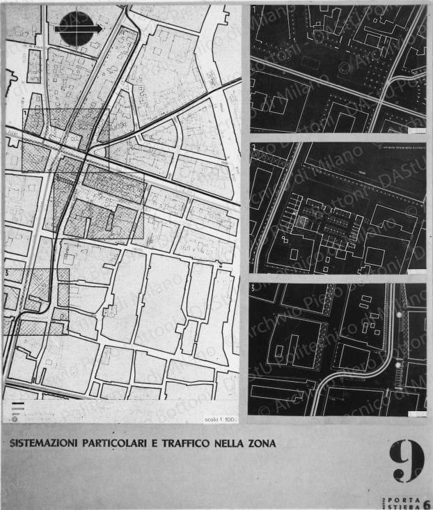 Riproduzione della tavola 9: "Sistemazioni particolari e traffico nella zona", planimetrie. Positivo, bianco e nero, 115x99 mm, album giallo n.3, pag.17.