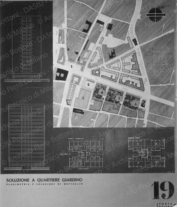Riproduzione della tavola 19: "Soluzione a quartiere giardino", planimetria e prospetti. Positivo, bianco e nero, 114x98 mm, album giallo n.3, pag.20.