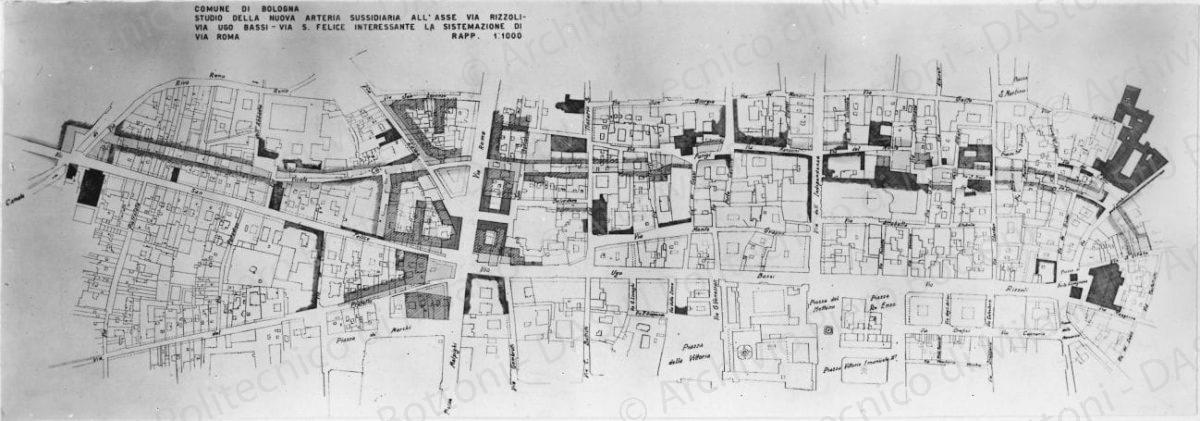 Riproduzione di tavola: "Progetto di sistemazione della zona comprendente via Roma da Piazza Malpighi alla stazione F.F.S.S. 1:1000", planimetria. Positivo, bianco e nero, 72x205mm, album giallo n.3, pag.24.
