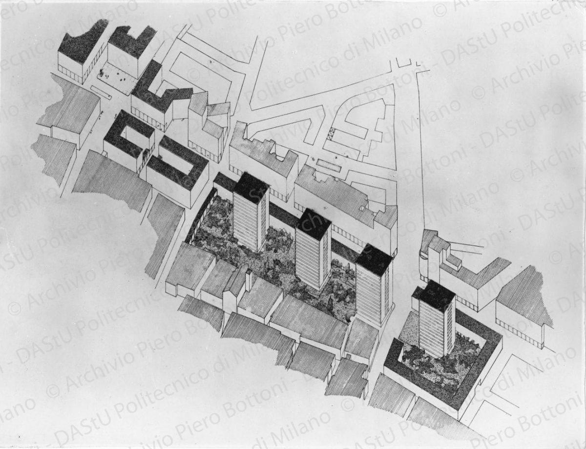 Riproduzione di assonometria di via Roma (tratto da via Riva Reno a piazza Malpighi).Positivo, bianco e nero, 161x210 mm, album giallo n.3, pag.35.