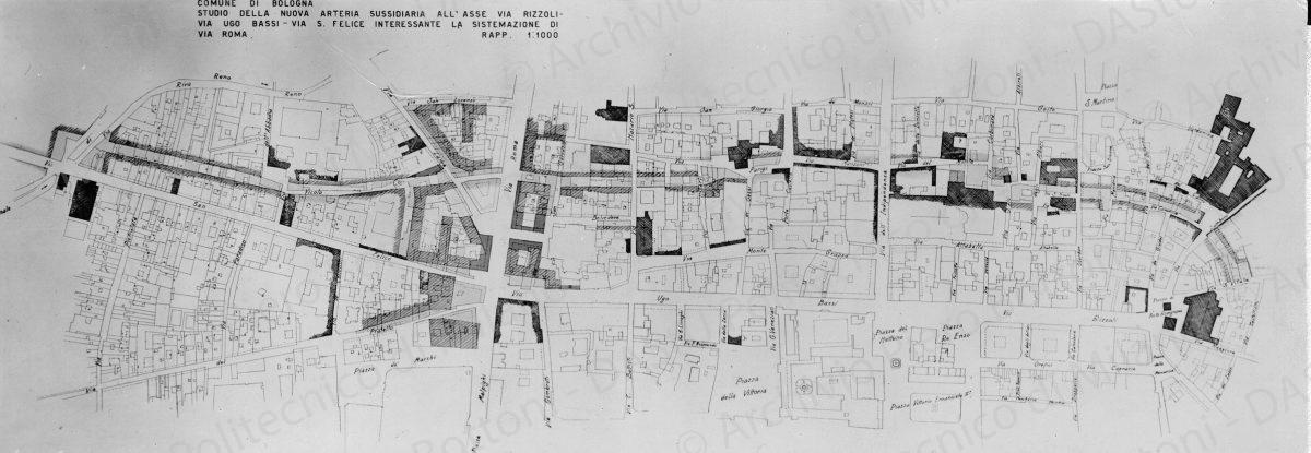 Riproduzione di tavola: "Studio della nuova arteria sussidiaria all'asse via Rizzoli - via Ugo Bassi - via S. Felice interessante la sistemazione di via Roma 1:1000", positivo, bianco e nero, mm 71x203. 