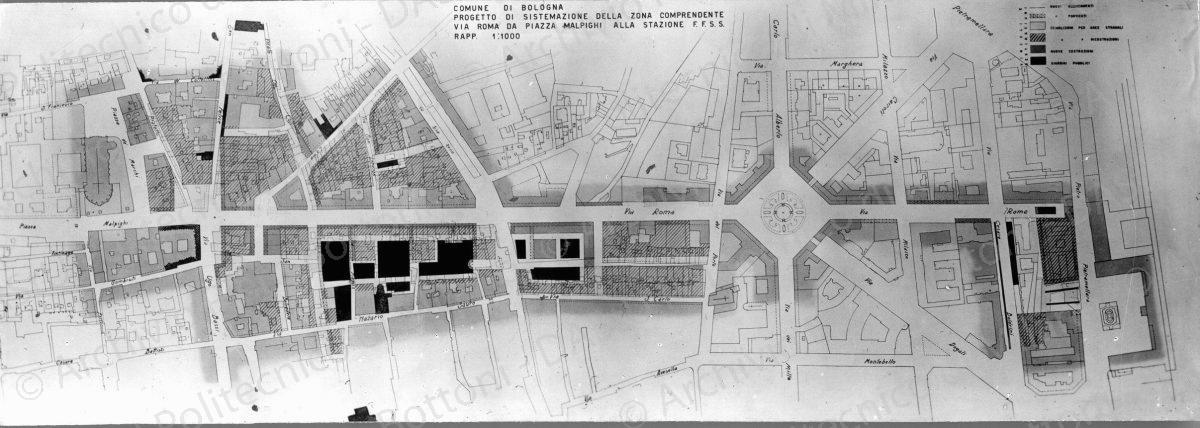 Riproduzione di tavola: "Progetto di sistemazione della zona comprendente via Roma da Piazza Malpighi alla stazione F.F.S.S. 1:1000", positivo, bianco e nero, mm 72x205. 