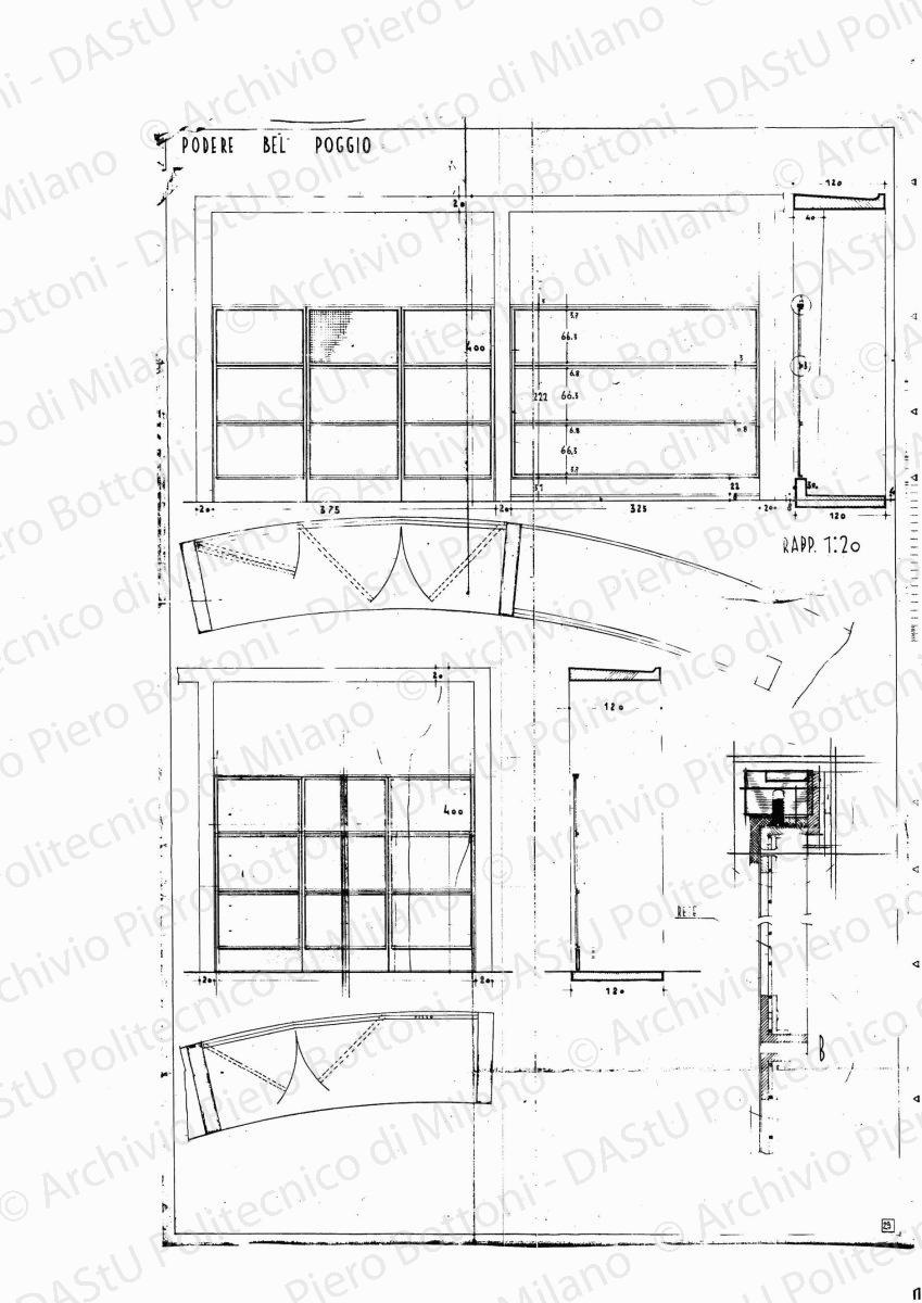 Schema di sistemazione dei rustici del podere Bel Poggio, planimetria, scala 1:500, s.d. Eliografia su carta, cm 25,8 x 36,9.