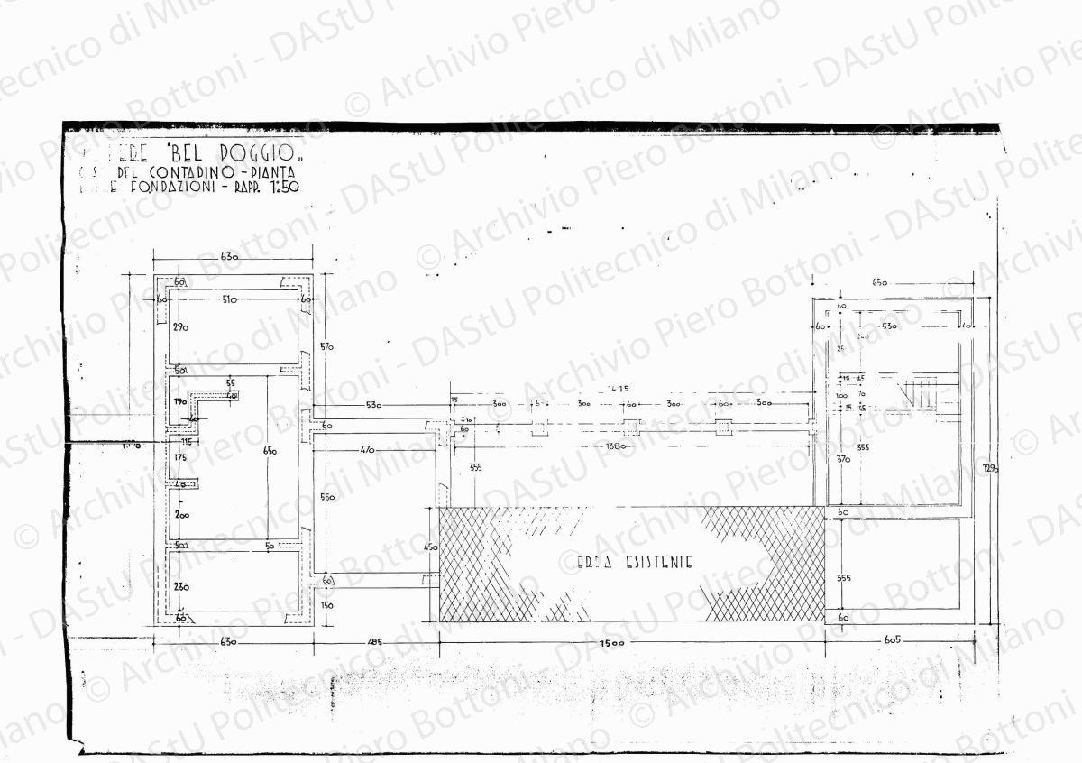 Schema di sistemazione dei rustici del podere "Bel Poggio", planimetria, scala 1:200, s.d. Eliografia su carta, cm 49,8 x 37,3. Correzioni a matita.