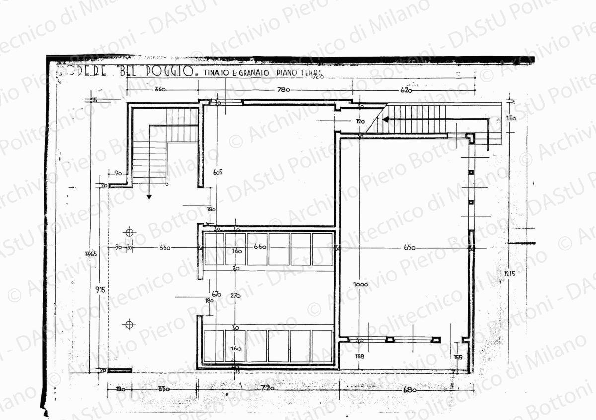 Sistemazione dei rustici di villa "Bel Poggio", tinaia, pianta, sezioni e assonometria, scala 1:100, s.d. Eliografia su carta, cm 50,5 x 36,5. Correzione e annotazioni a matita e penna.