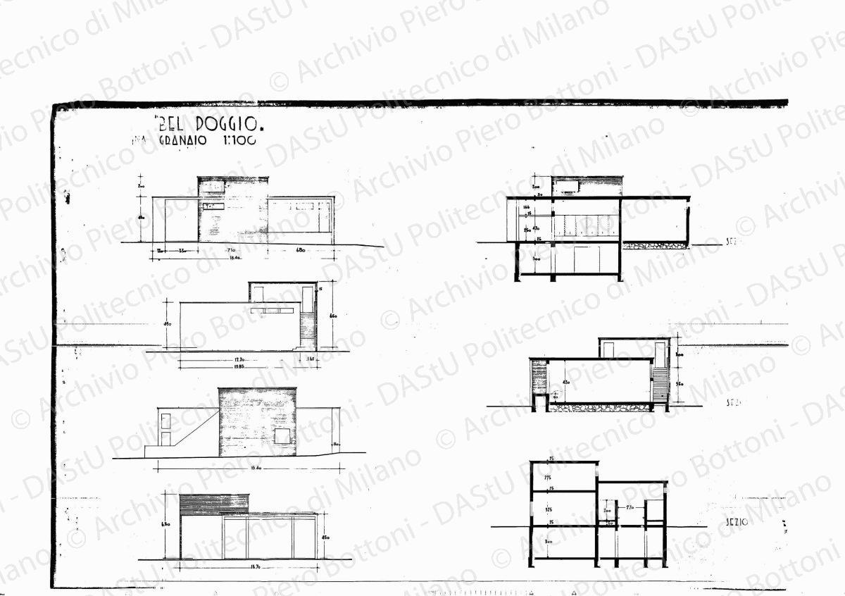 Sistemazione dei rustici di villa "Bel Poggio", casa dei contadini, pianta piano terra, prospetti e sezioni, scala 1: 100, s.d. Eliografia su carta, cm 50,3 x 74,8. Correzione a matita.