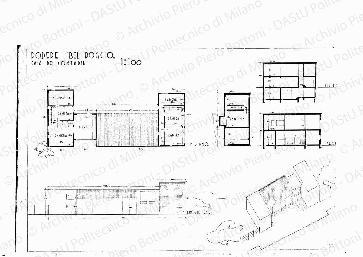 Sistemazione dei rustici di villa "Bel Poggio", casa dei contadini, pianta primo piano, prospetto e assonometria , scala 1:100, s.d. Eliografia su carta, cm 50,0 x 74,8. Correzione a matita.