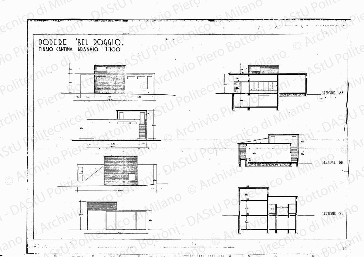 Podere "Bel Poggio", ingresso alla villa e portineria, piante, sezioni, prospetti e prospettiva, scala 1:100,s.d. Eliografia su carta, cm 49,2 x 74,8. Correzioni e annotazioni a matita.