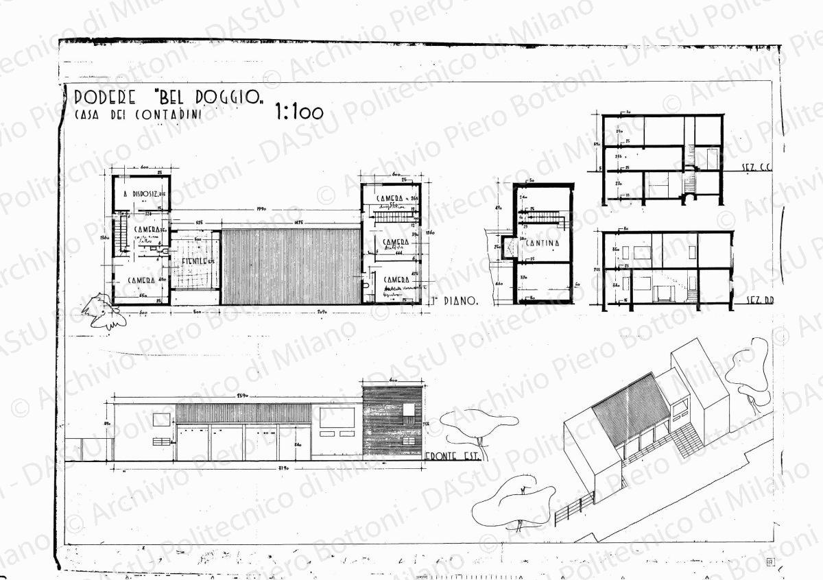 Podere "Bel Poggio", sevizi e casa del contadino, pianta piano terra, sezione A.A., B.B. e fronte nord, sud, ovest, scala 1:100, s.d. Eliografia su carta, cm 49,6 x 75,6. Correzioni e annotazioni a matita.