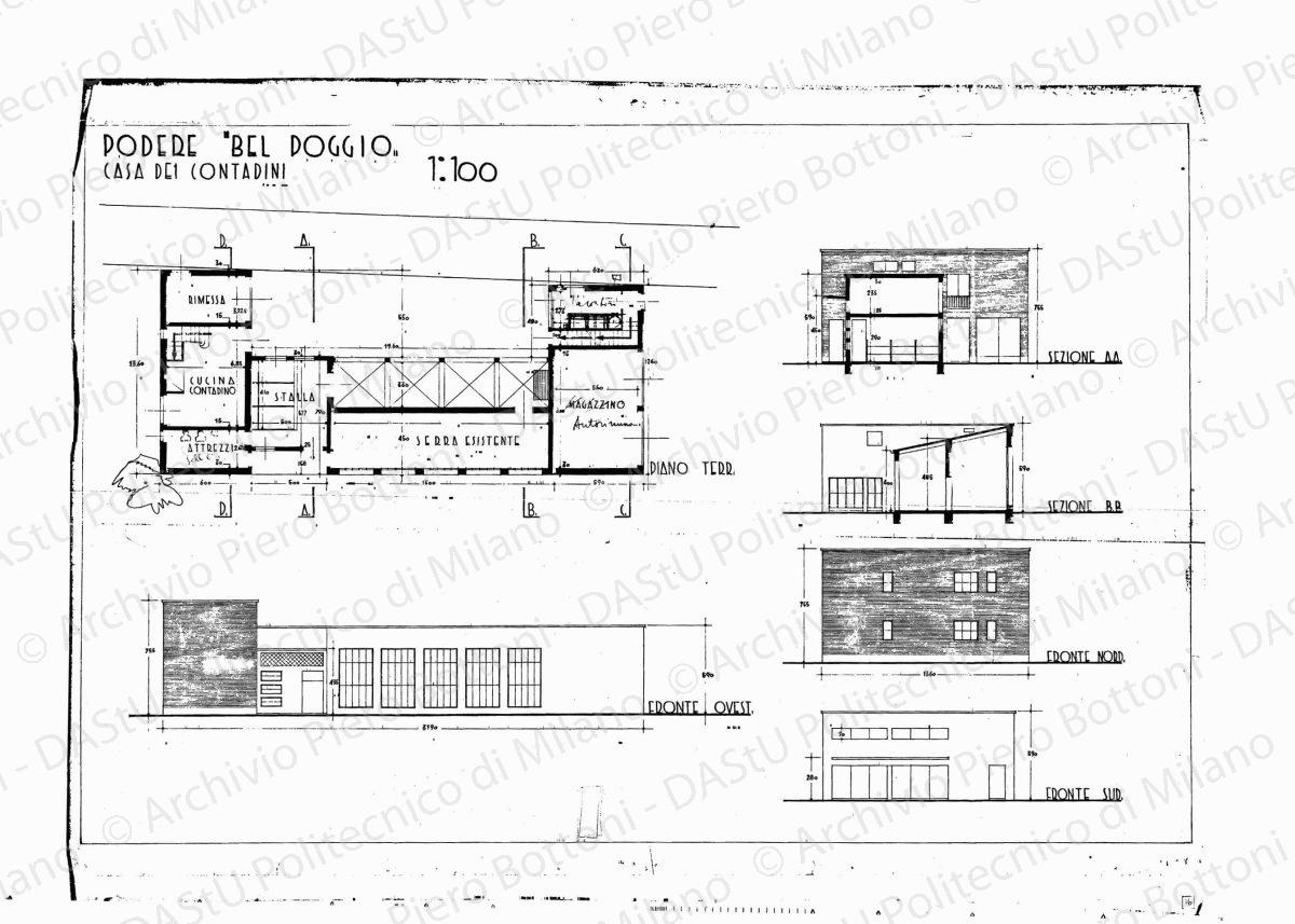 Podere "Bel Poggio", sevizi e casa del contadino, pianta piano terra, sezione A.A., B.B. e fronte nord, sud, ovest, scala 1:100, s.d. Eliografia su carta, cm 54,5 x 75,5. Correzioni a matita.