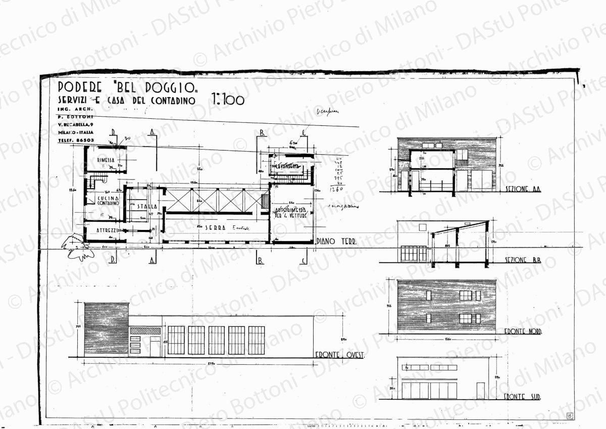 Podere "Bel Poggio", casa dei contadini, pianta primo piano e cantina, sezione C.C. e D.D., fronte est e assonometria, scala 1:100, s.d. Eliografia su carta, cm 55,1 x 74,7. Annotazioni a matita.