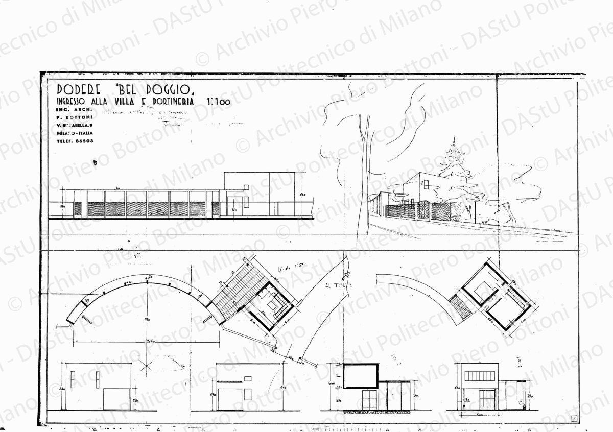 Podere "Bel Poggio", tinaio cantina granaio, prospetti e sezioni, scala 1:100, s.d. Eliografia su carta, cm 54,9 x 74,5. Correzioni a matita.