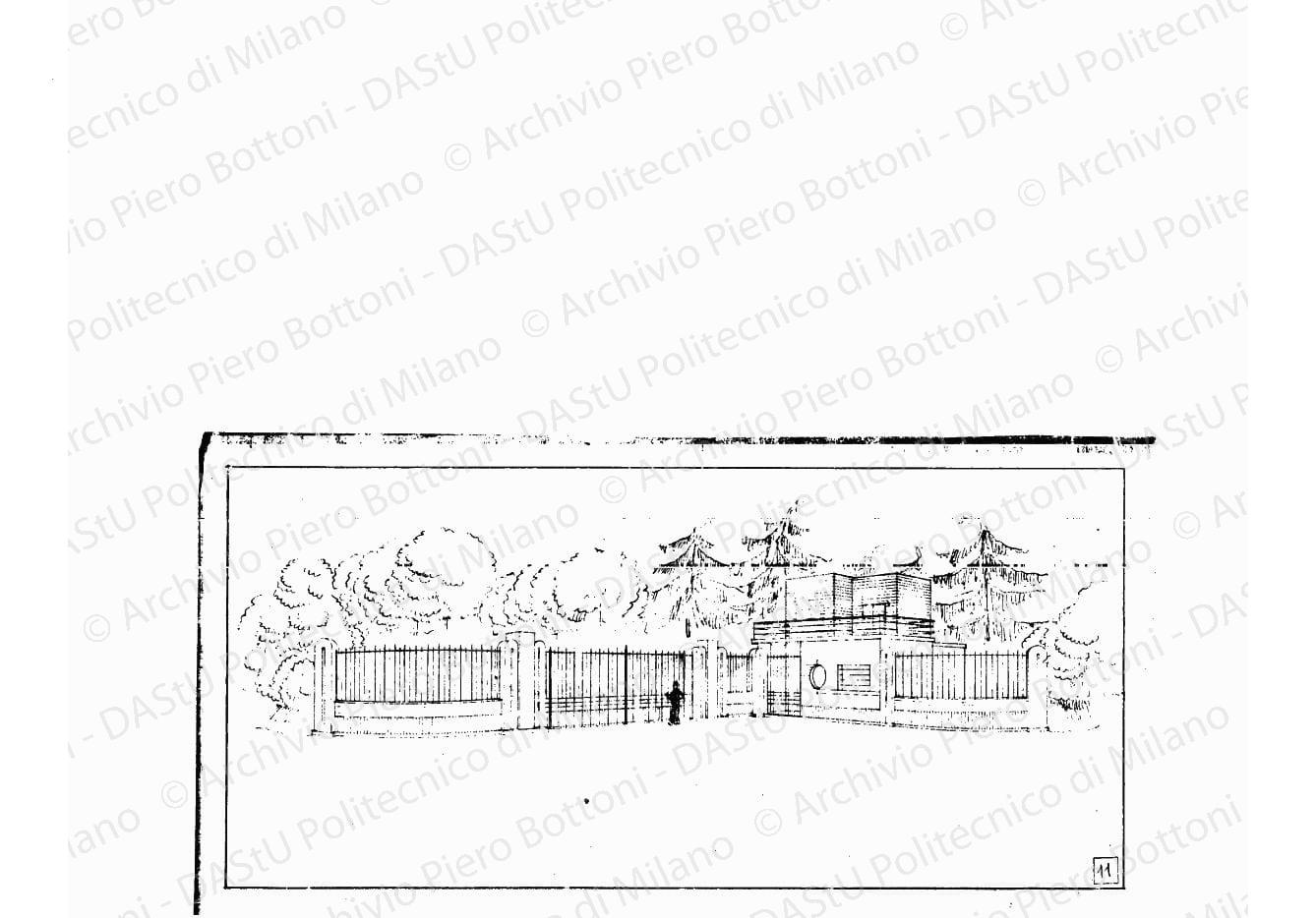 Podere "Bel Poggio", casa dei contadini, pianta piano terra, sezione A.A., B.B. e fronte nord, sud, ovest, scala 1:100, s.d. Eliografia su carta, cm 49,3 x 73,8. Indicazioni per serramenti a matita e matita rossa.