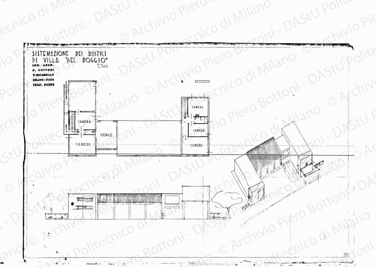 Podere "Bel Poggio", casa dei contadini, pianta primo piano e cantina, sezione C.C. e D.D., e fronte est, scala 1:100, s.d. Eliografia su carta, cm 48,5 x 74,5. Indicazioni per serramenti a matita rossa.