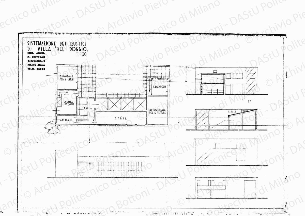 Podere "Bel Poggio", tinaio cantina granaio, prospetti e sezioni, scala 1:100, s.d. Eliografia su carta, cm 49,3 x 73,5. Indicazioni per serramenti a matita rossa.