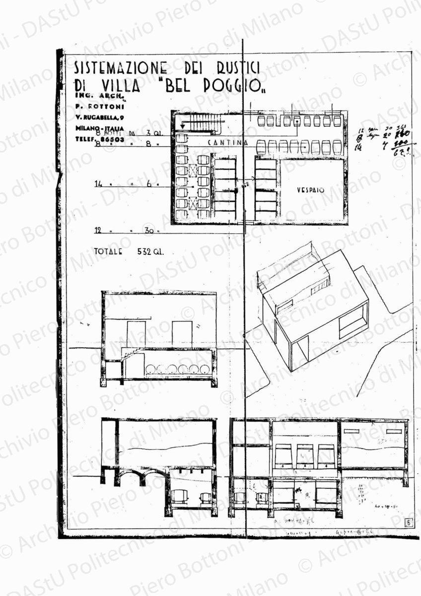 Podere "Bel Poggio", tinaio e granaio, pianta piano terra, scala 1:50, s.d. Eliografia su carta, cm 36,3 x49,8.