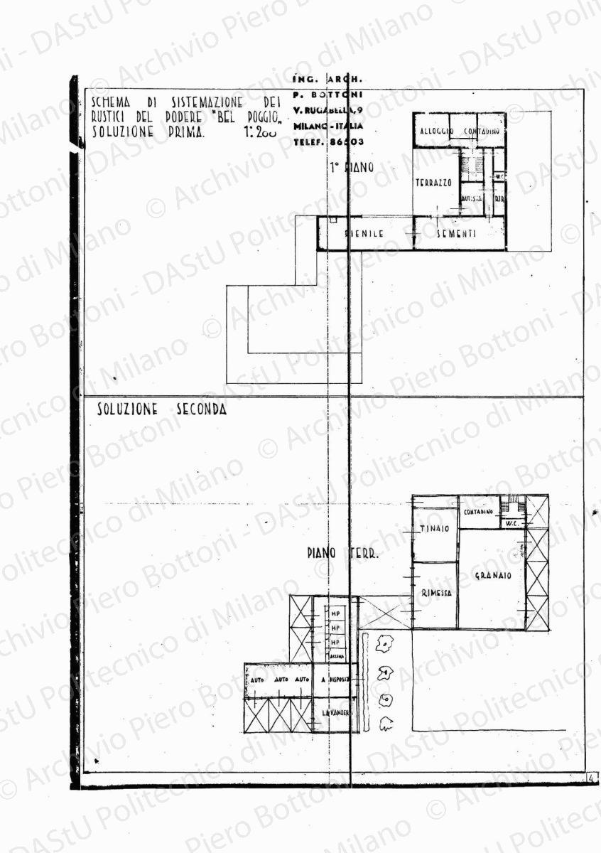 Podere "Bel Poggio", ingresso alla villa e portineria, pianta, scala 1:50, s.d. Eliografia su carta, cm 49,5x 73,5. Correzioni e annotazioni a matita.