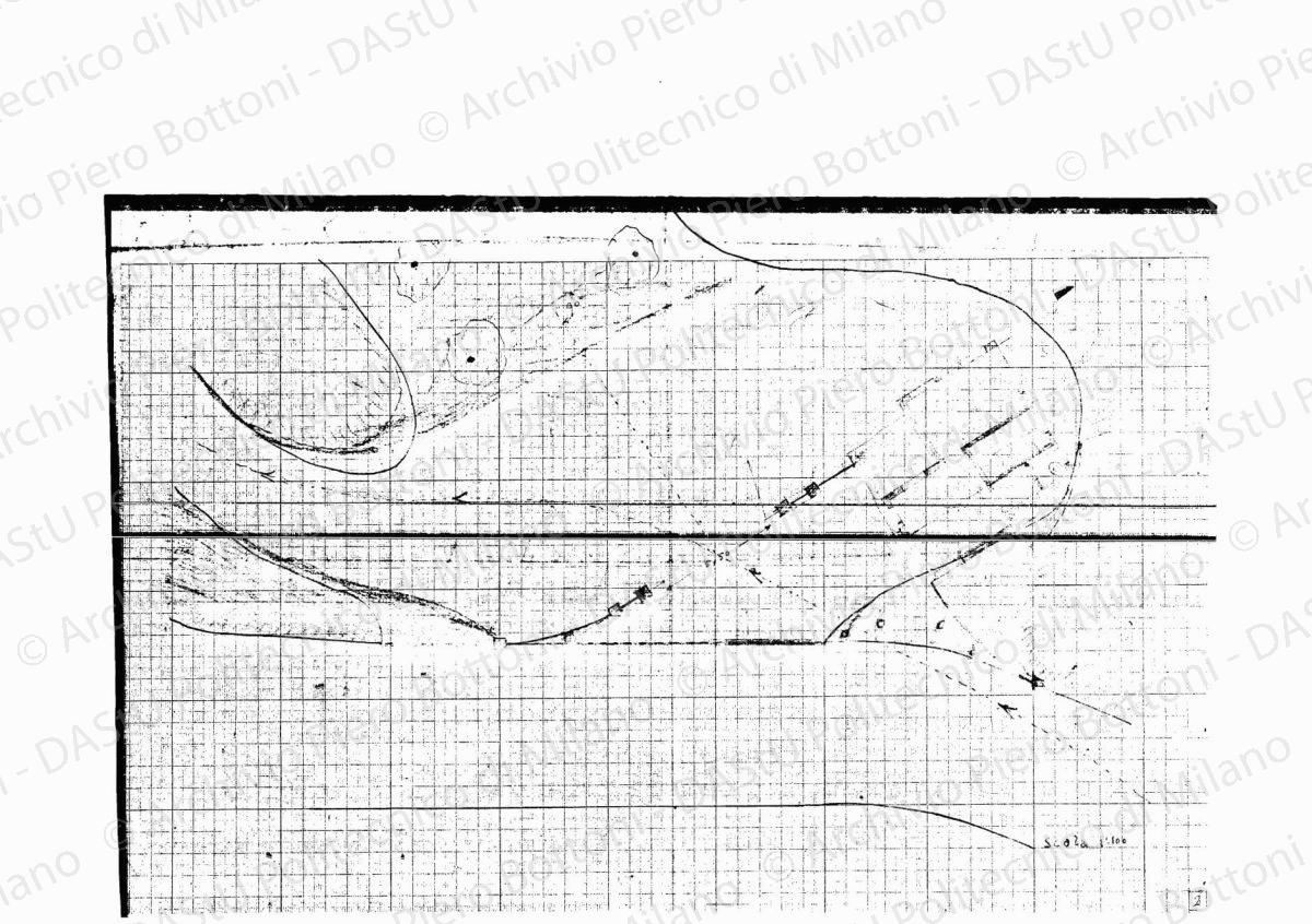 Podere "Bel Poggio", schema cemento armato pensilina, dimensioni di massima, sezione, scala 1:20,s.d. Eliografia su carta, cm 35,8 x 48,8. Correzioni e indicazione a matita. Sul verso: schizzi a matita.