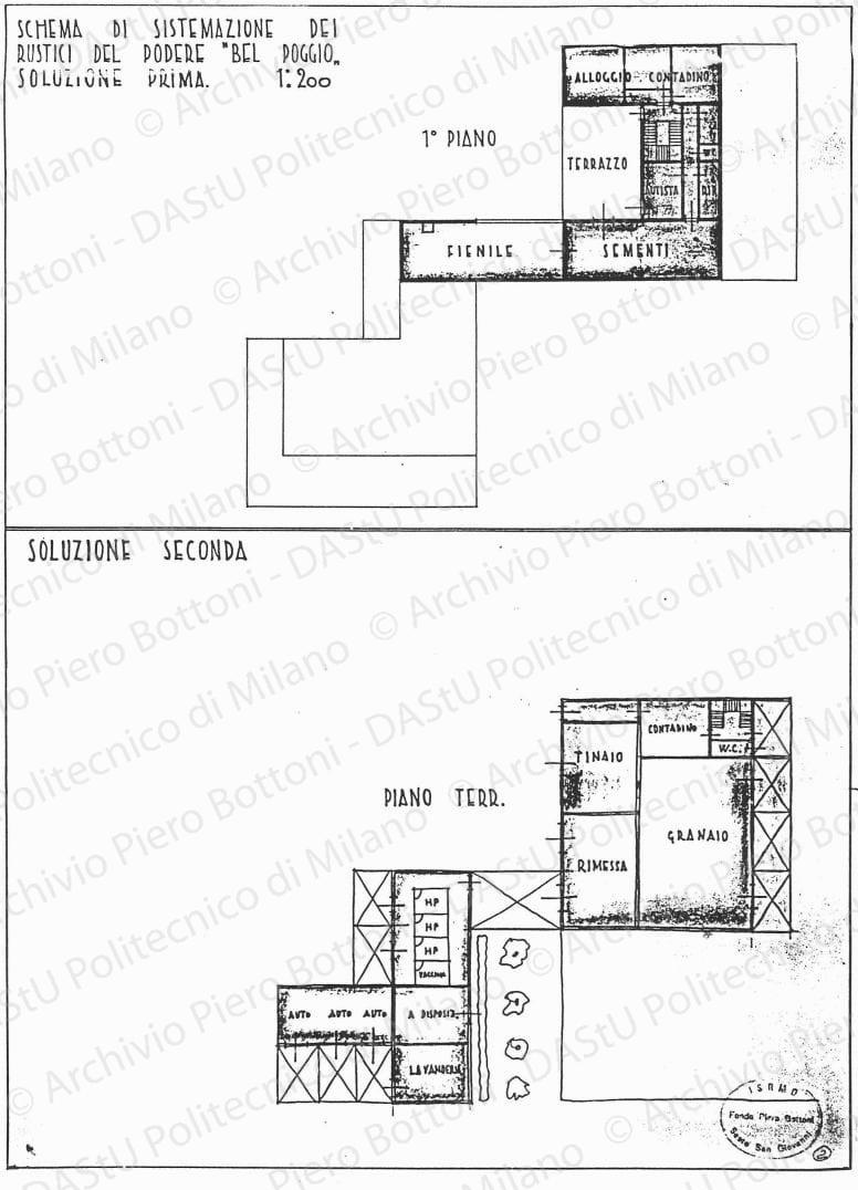 Schema di sistemazione dei rustici del podere "Bel Poggio", pianta 1 piano soluzione prima e pianta piano terr. soluzione seconda, scala 1:200, s.d. China e matita su lucido, cm 50,0x37,3. 