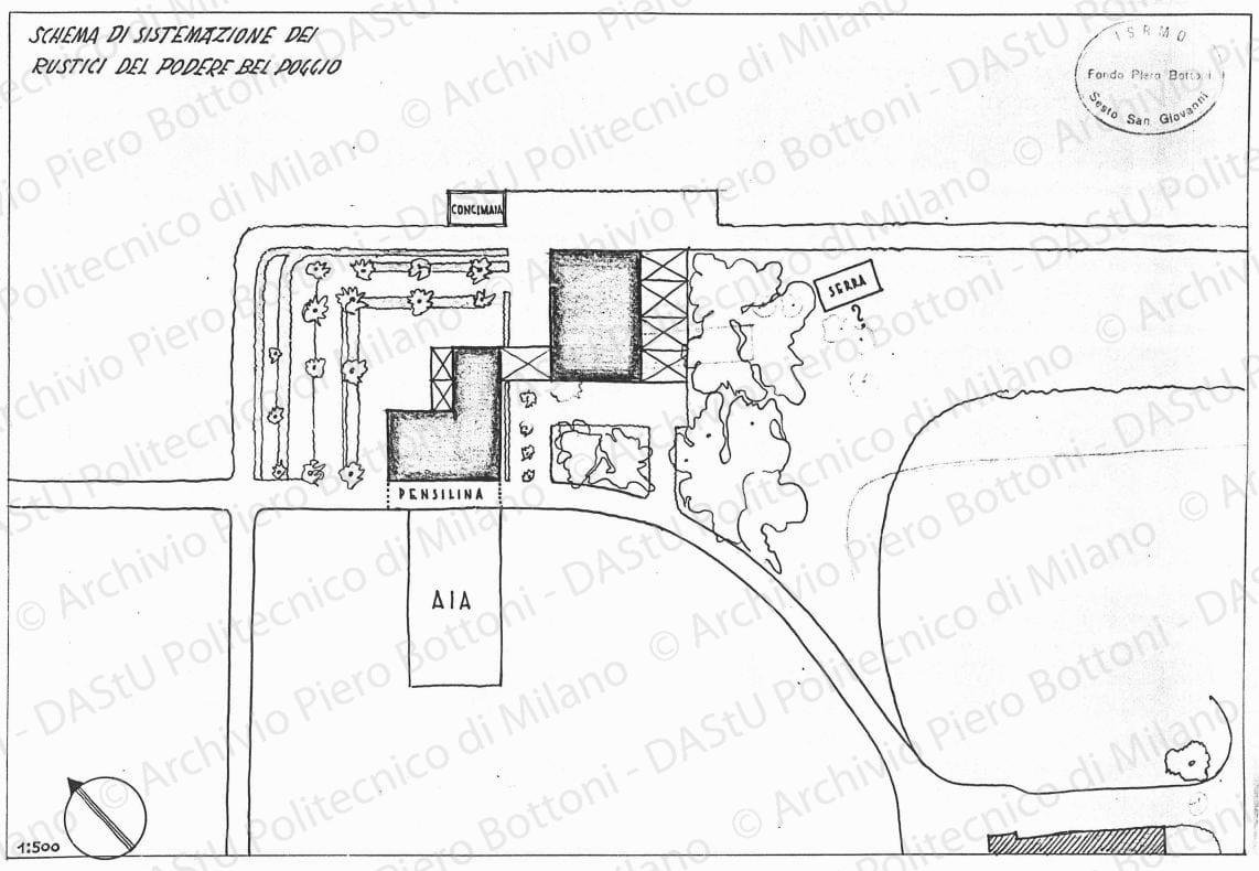 Schema di sistemazione dei rustici del podere Bel Poggio, planimetria (seconda soluzione), scala1:500, s.d. China e matita su lucido, cm 24,3x35,3. 