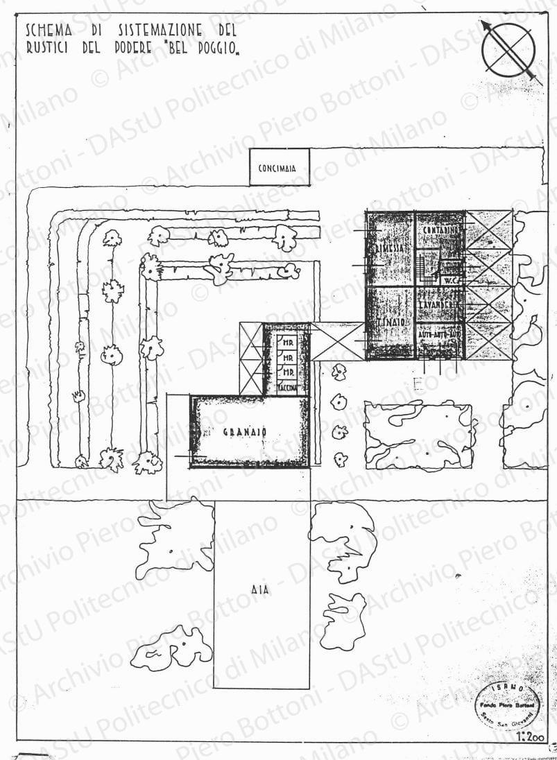 Schema di sistemazione dei rustici del podere "Bel Poggio", planimetria (seconda soluzione), scala1:200, s.d. China e matita su lucido, cm 50,3x37,9. 