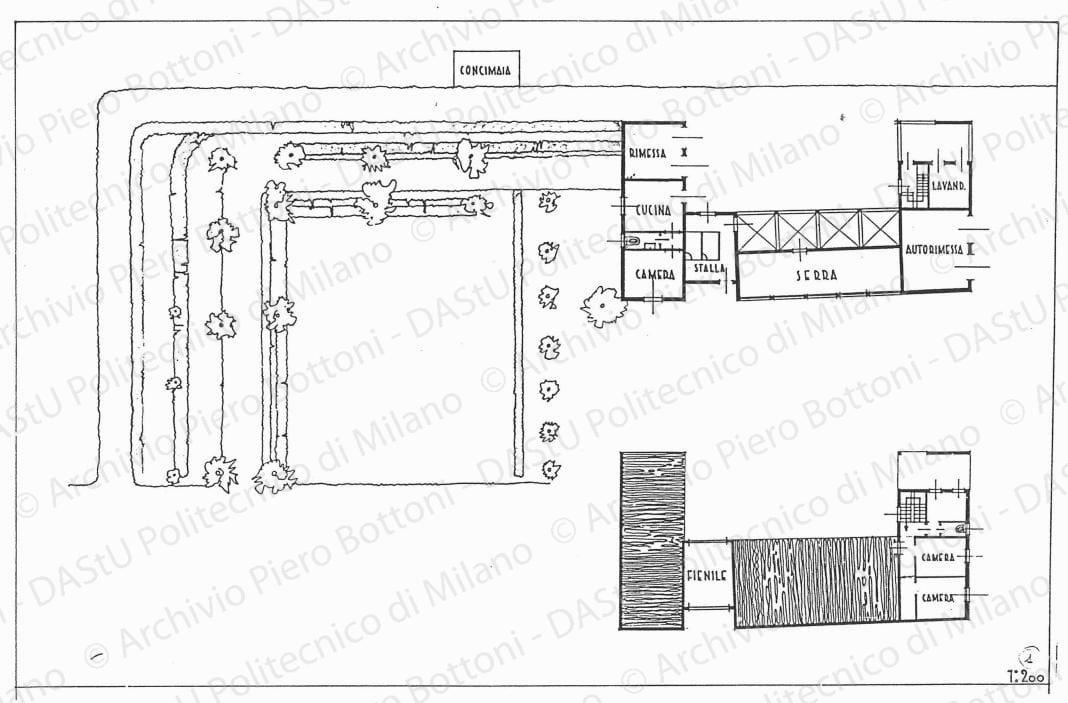 Planimetria con pianta piano terra e primo (casa contadini), scala 1:200, s.d. China e matita su lucido, cm 31,7x48,3. CL2.