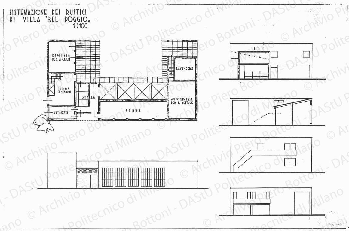Sistemazione dei rustici di villa "Bel Poggio", pianta piano terreno, sezioni e prospetti (casa dei contadini), scala 1:100, s.d. China e matita su lucido, cm 47,7x72,5. 