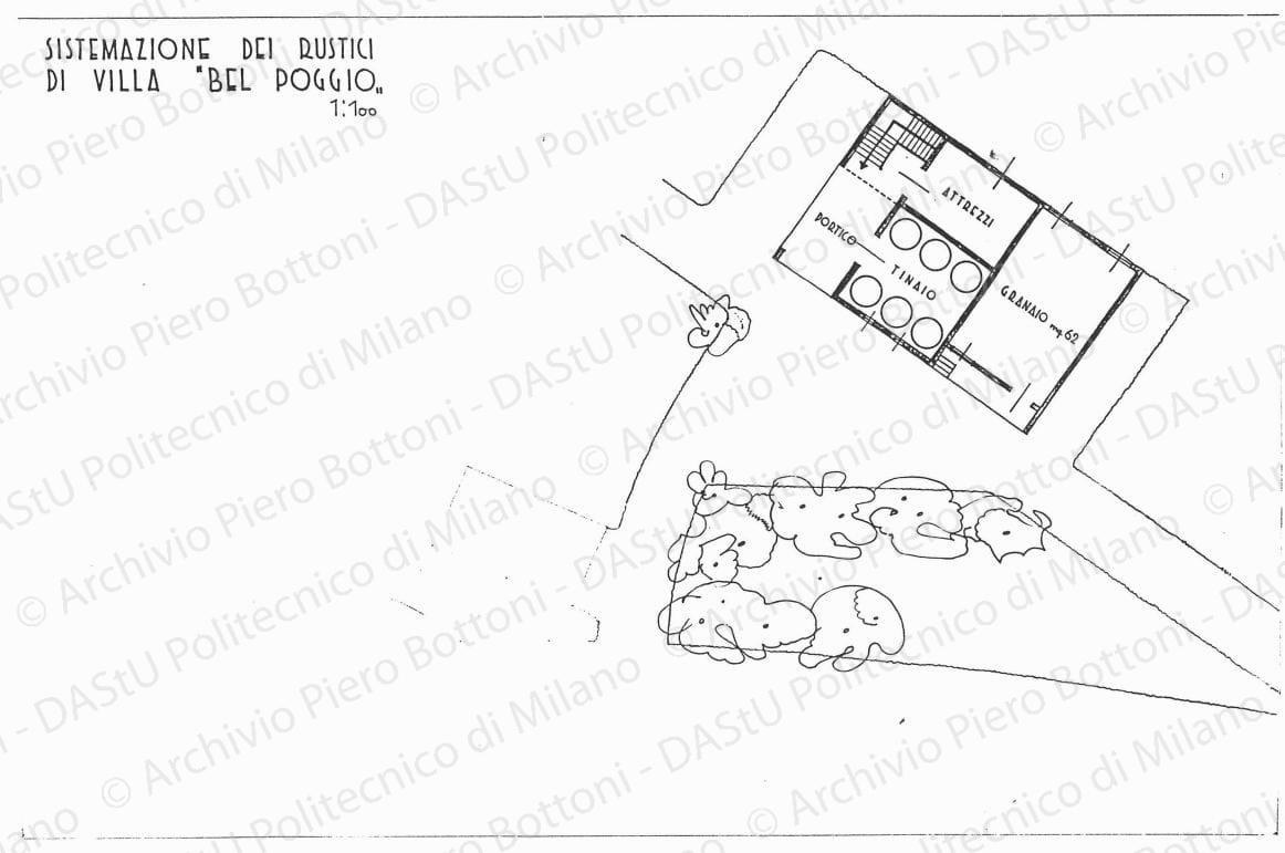 Sistemazione dei rustici di villa "Bel Poggio", planimetria con pianta del piano terra (tinaio, cantina, granaio), scala 1:100, s.d. China e matita su lucido, cm 48,0x73,5. 