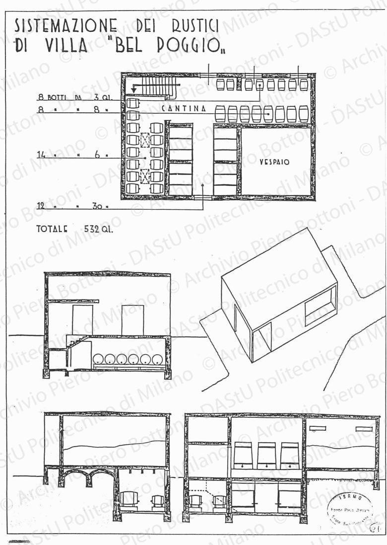 Sistemazione dei rustici di villa "Bel Poggio", pianta cantina, sezioni e assonometria (tinaio, cantina, granaio), scala 1:100, s.d. China e matita su lucido, cm 48,7x36,0. 