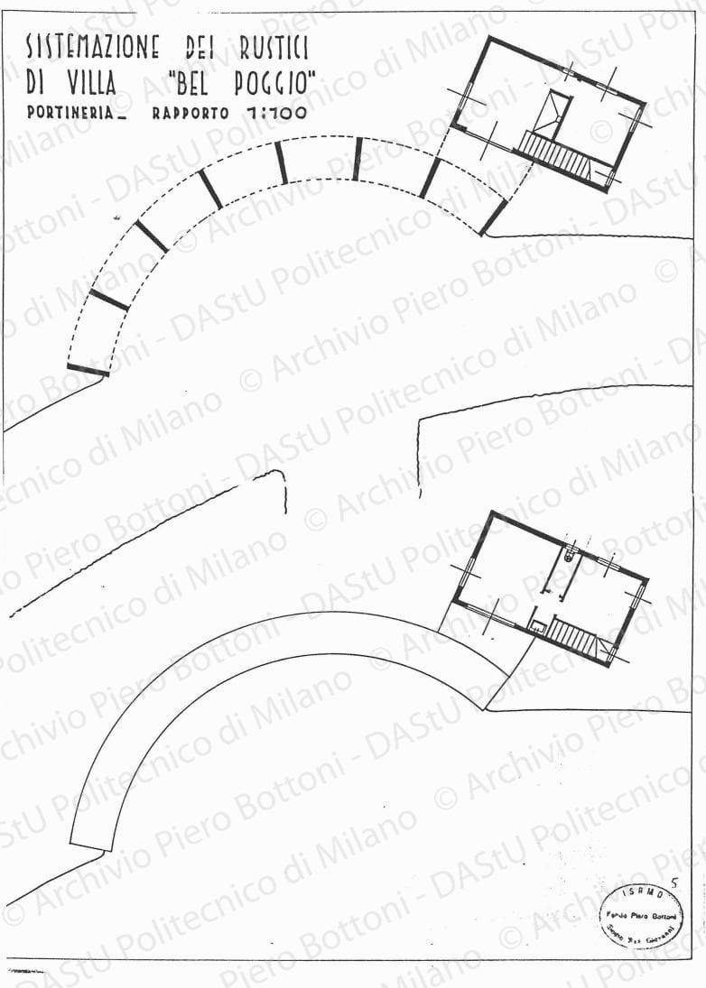 Sistemazione dei rustici di villa "Bel Poggio", portineria, piante piano terra e primo piano, scala1:100, s.d. China su lucido, cm 48,5x36,0. 
