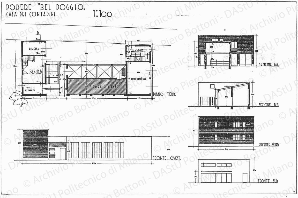 Podere "Bel Poggio", casa dei contadini, pianta piano terr., fronte ovest, scala 1:100, s.d. China su lucido, cm 50,2x75,5. 