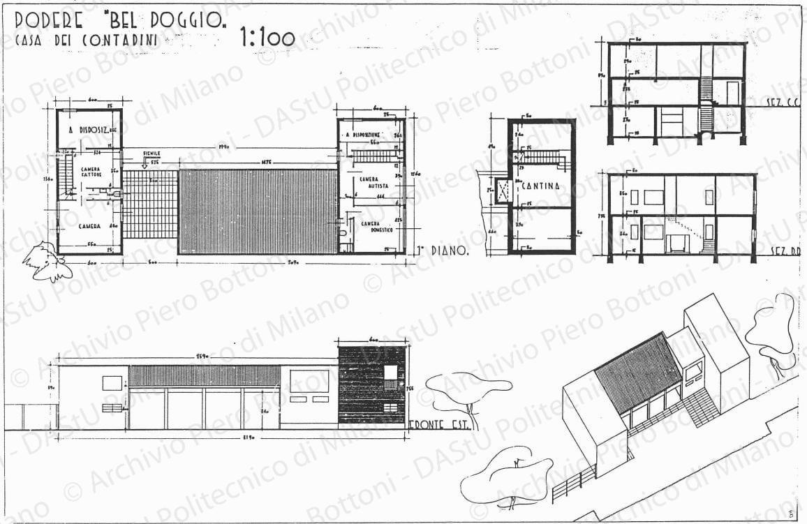 Podere "Bel Poggio", casa dei contadini, pianta 1 piano, fronte ovest, sezioni e assonometria, scala 1:100, s.d. China su lucido, cm 50,2x74,4. 