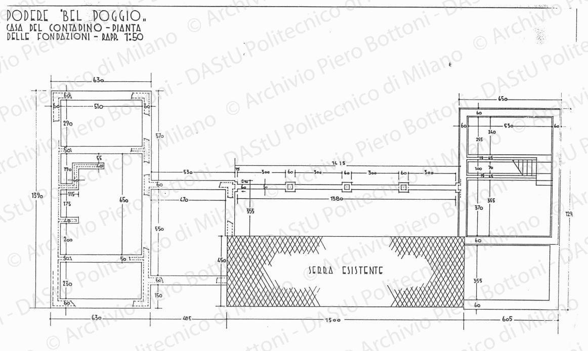 Podere "Bel Poggio", casa del contadino, pianta delle fondazioni, scala 1:50, s.d. China su lucido, cm 47,0x72,0. 
