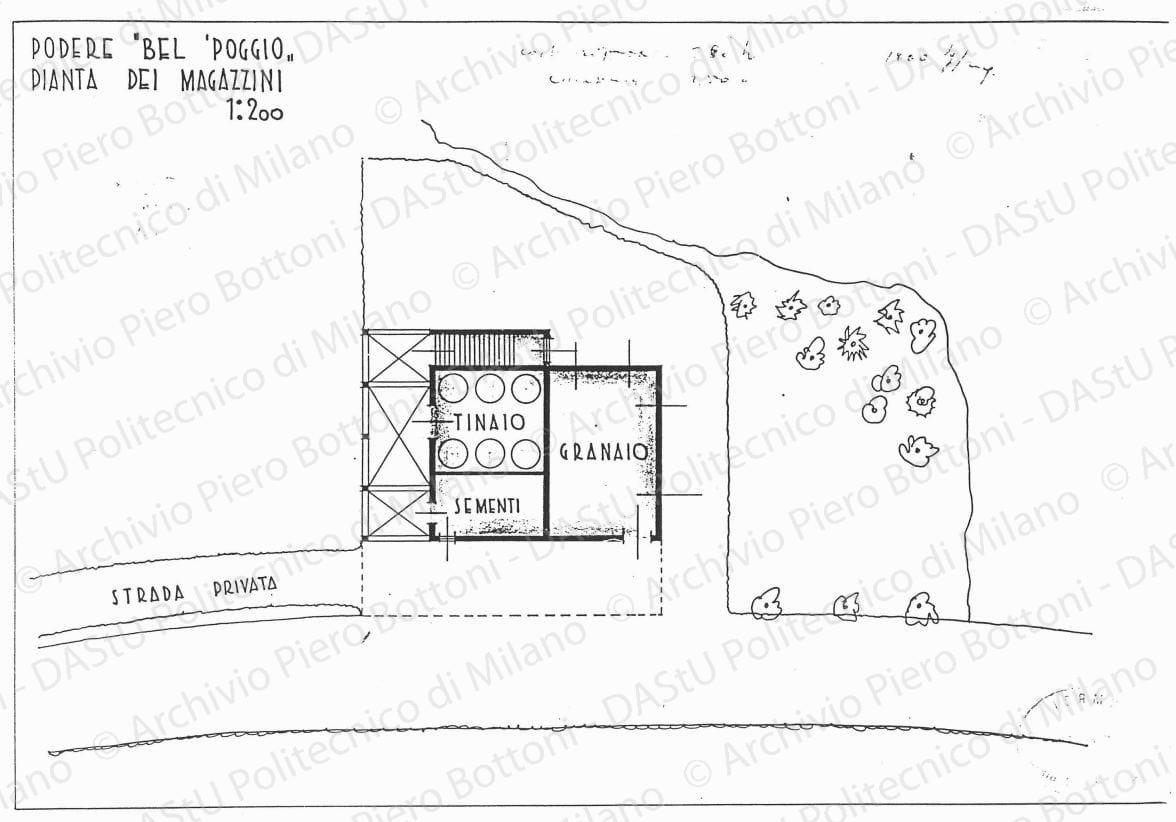 Podere "Bel Poggio", pianta dei magazzini, scala 1:200, s.d. China e matita su lucido, cm24,4x35,5. 