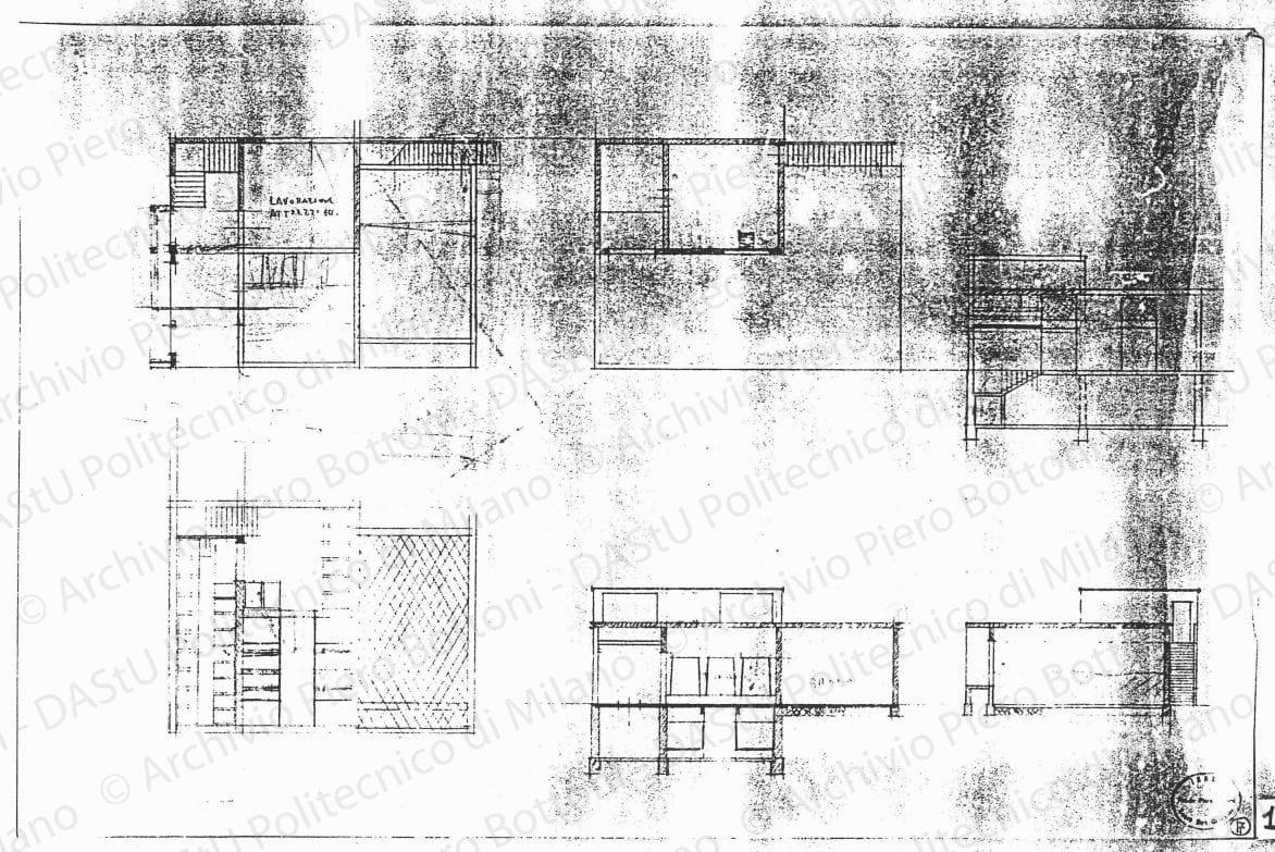 Piante e sezioni (tinaio, cantina, granaio), scala 1:100, s.d. Matita su lucido, cm 48,0x72,5. 