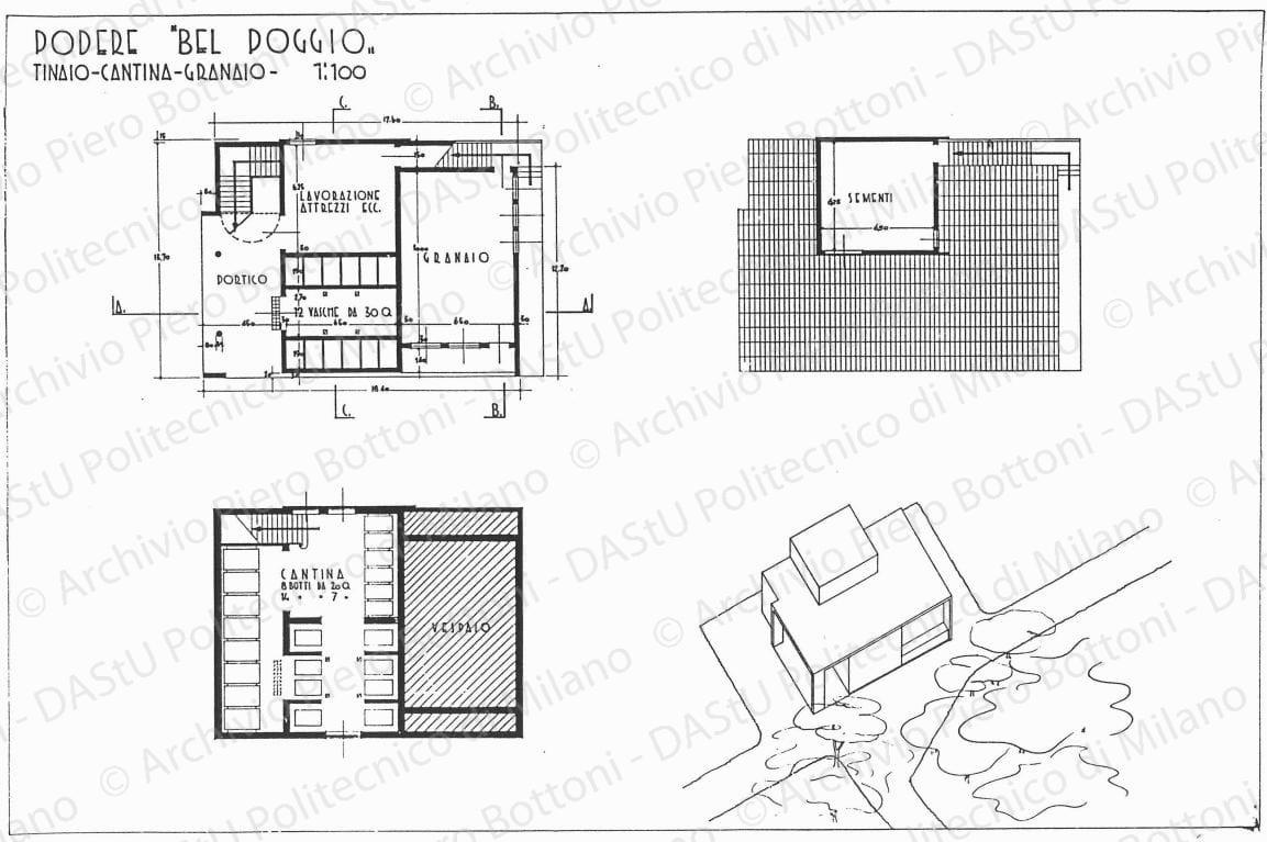 Podere "Bel Poggio", tinaio, cantina, granaio, piante e assonometria, scala 1:100, s.d. China su lucido, cm 49,4x73,8. 