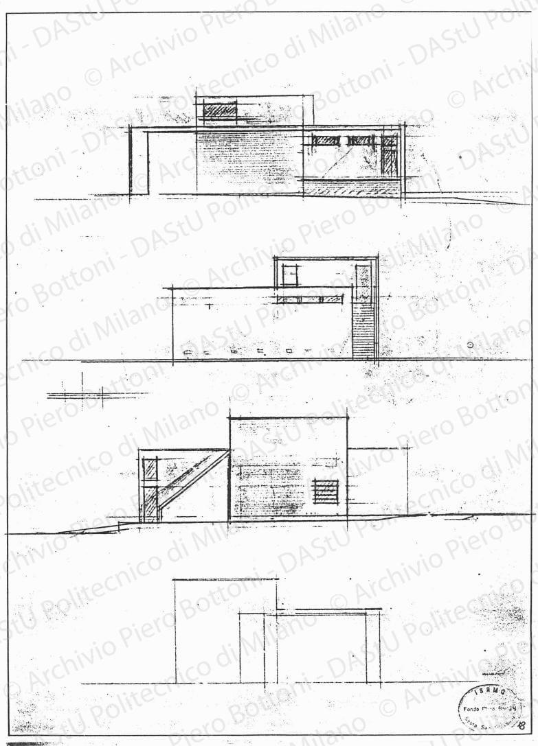 Studio dei prospetti (tinaio, cantina, granaio), scala 1:100, s.d. Matita su lucido, cm 49,0x36,0. 