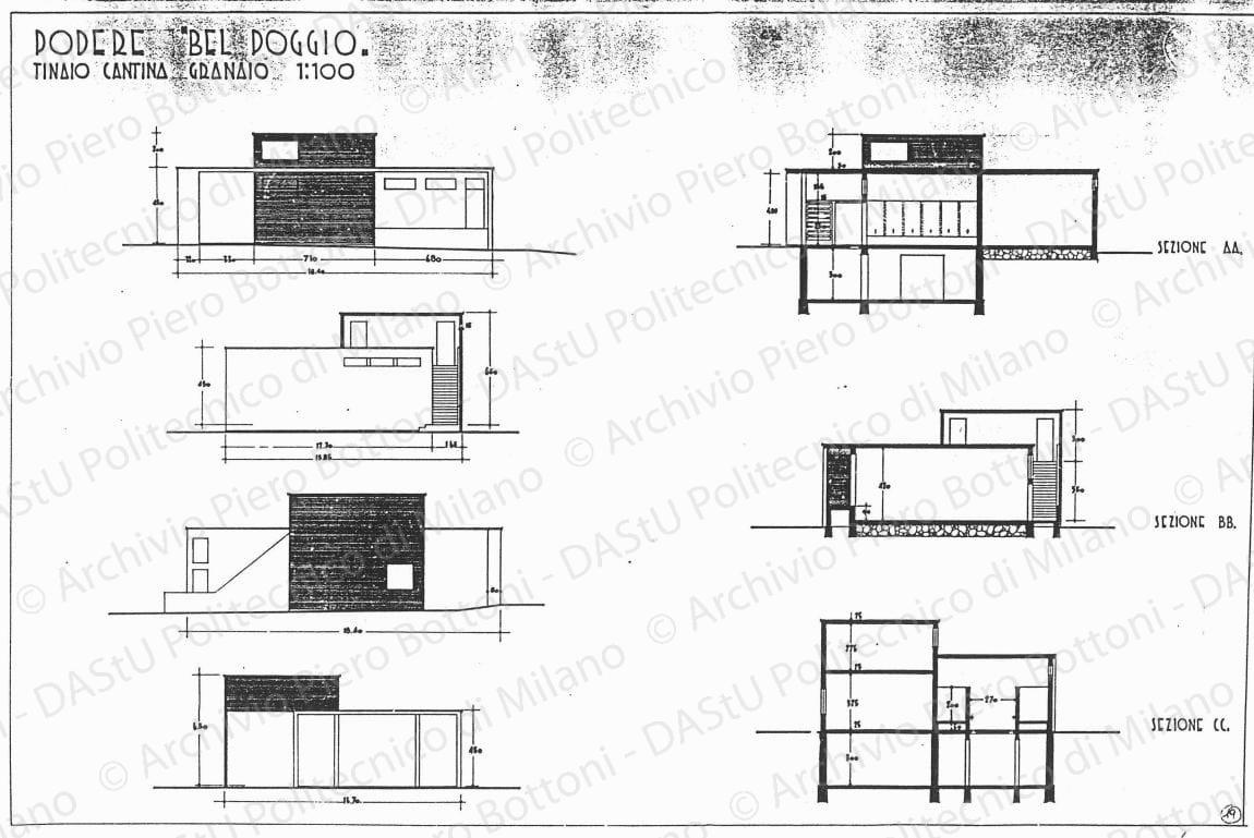 Podere "Bel Poggio", tinaio, cantina, granaio, prospetti e sezioni, scala 1:100, s.d. China su lucido, cm 49,5x73,8. 