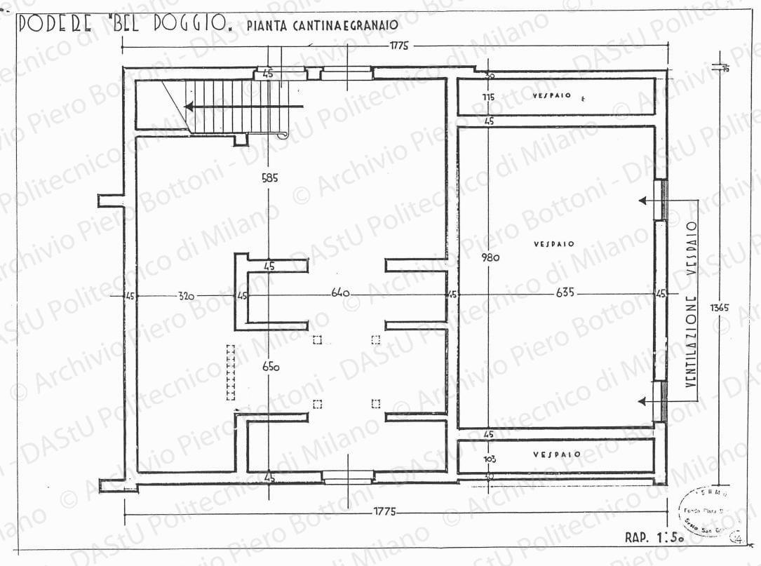 Podere "Bel Poggio", pianta cantina e granaio, scala 1:50, s.d. China e matita su lucido, cm38,0x49,5. 