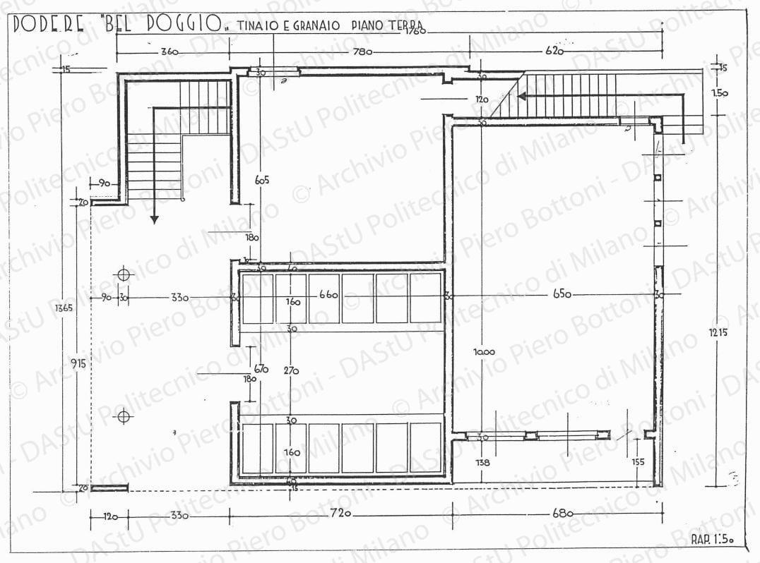 Podere "Bel Poggio", pianta tinaio e granaio piano terra, scala 1:50, s.d. China e matita su lucido, cm 36,2x48,5. 