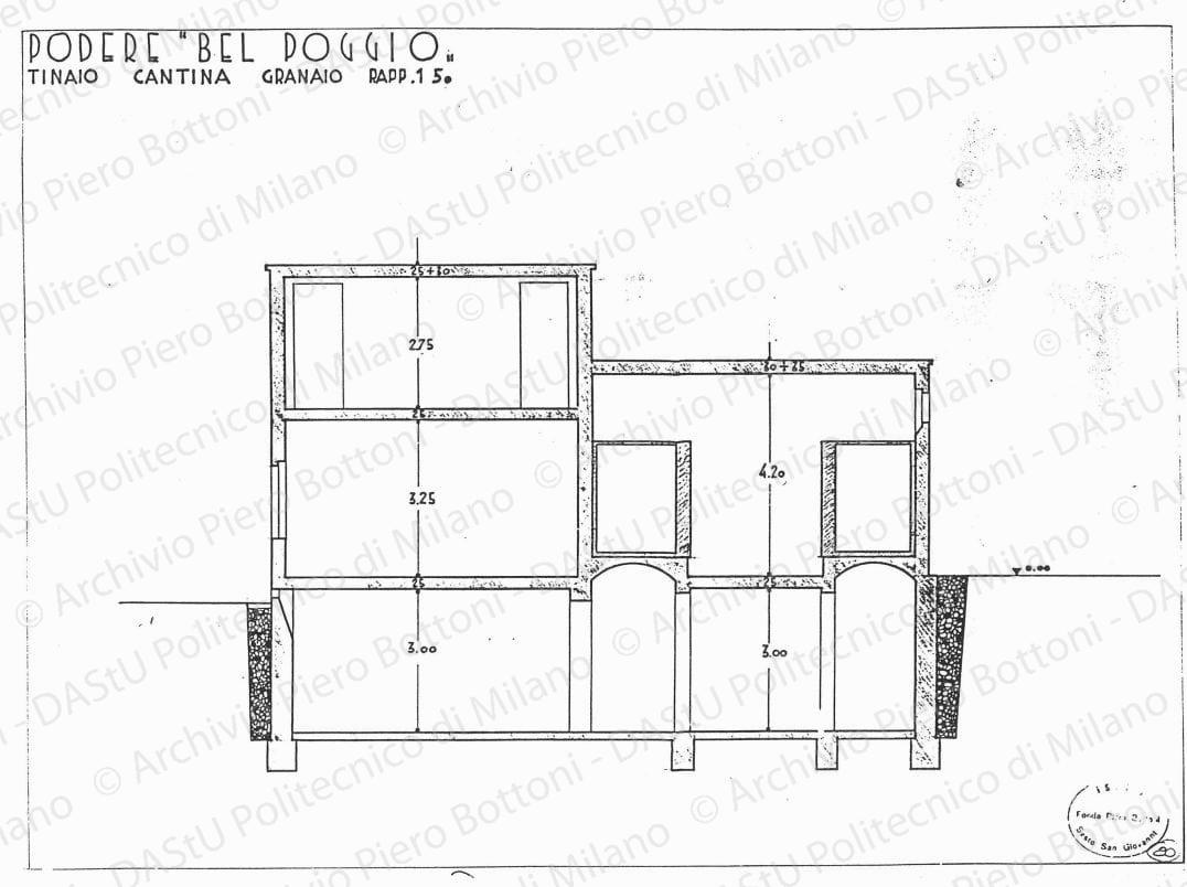 Podere "Bel Poggio", tinaio, cantina, granaio, sezione, scala 1:50, s.d. China e matita su lucido, cm35,8x48,5. 