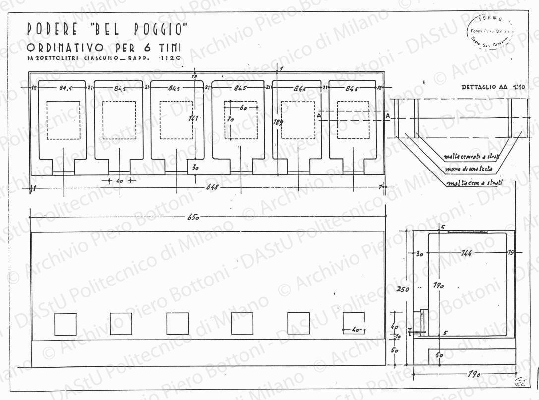 Podere "Bel Poggio", ordinativo per 6 tini, pianta e sezioni, scala 1:10, 1:20, s.d. China su lucido, cm 36,2x48,8. 