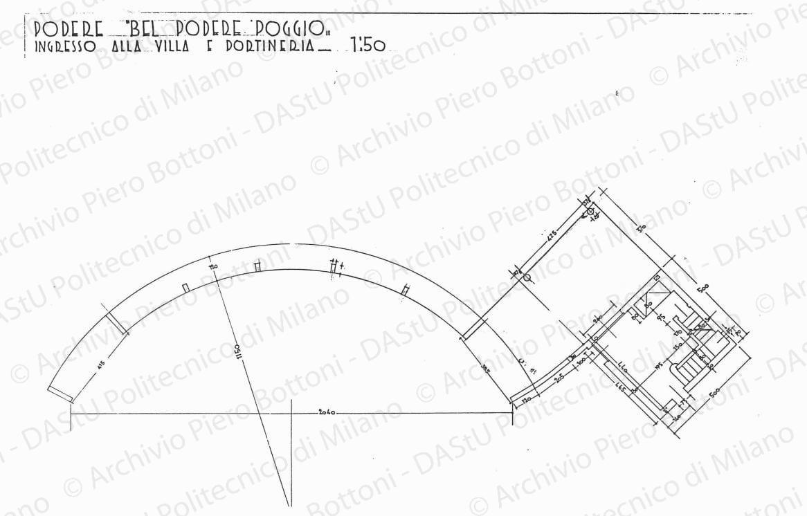 Podere "Bel Poggio", ingresso alla villa e portineria, pianta, scala 1:50, s.d. China e matita su lucido, cm 47,3x72,3. 