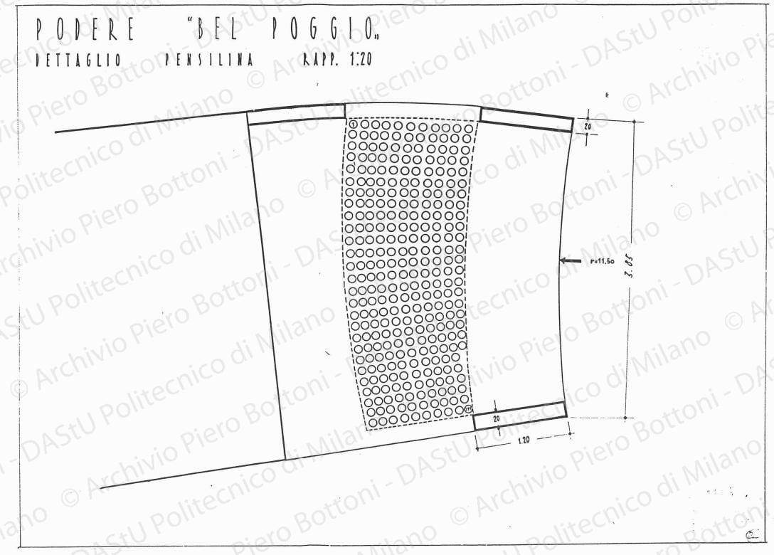 Podere "Bel Poggio", dettaglio pensilina, scala 1:20, s.d. China su lucido, cm 37,8x48,3. 