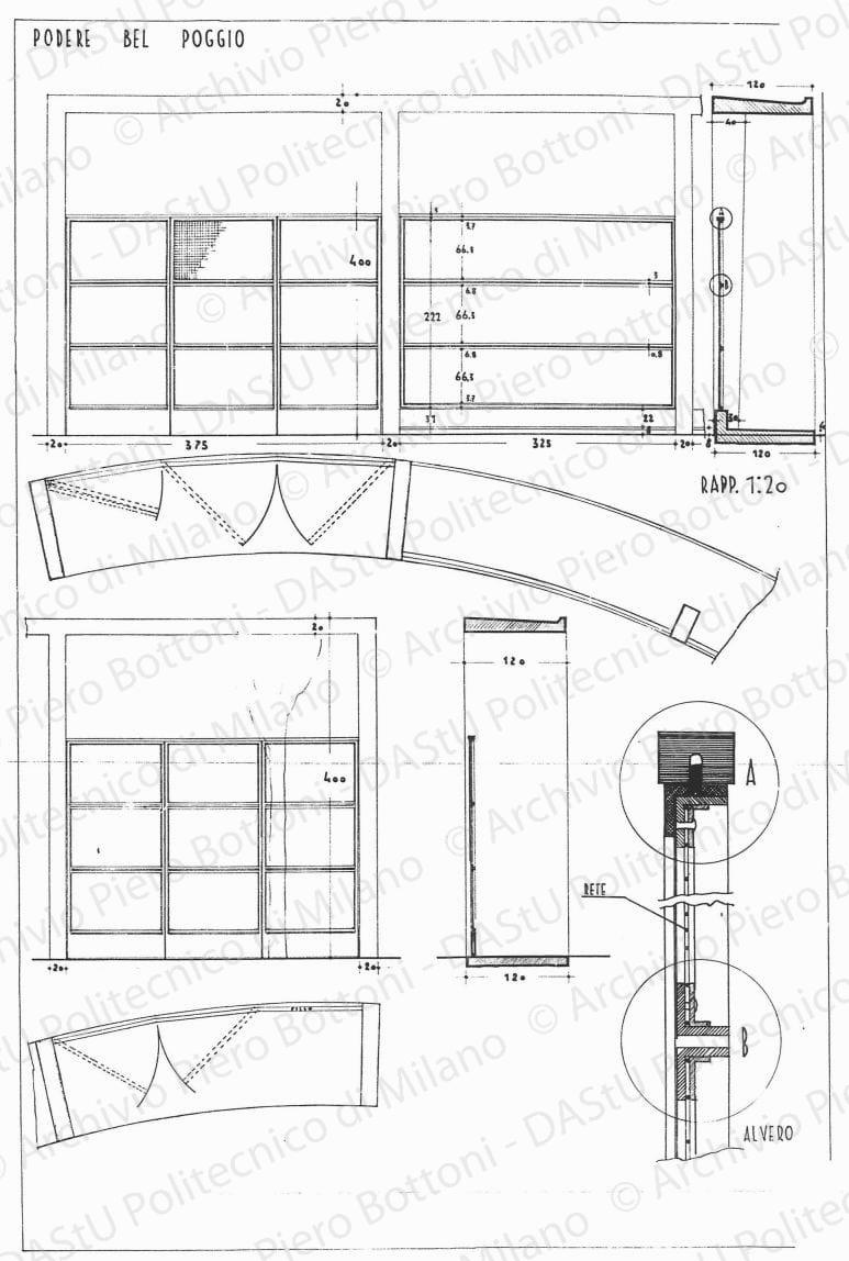 Podere Bel Poggio, cancello ingresso, piante sezione viste e dettagli, scala 1:1, 1:20, s.d. China su lucido, cm 73,3x48,9. 