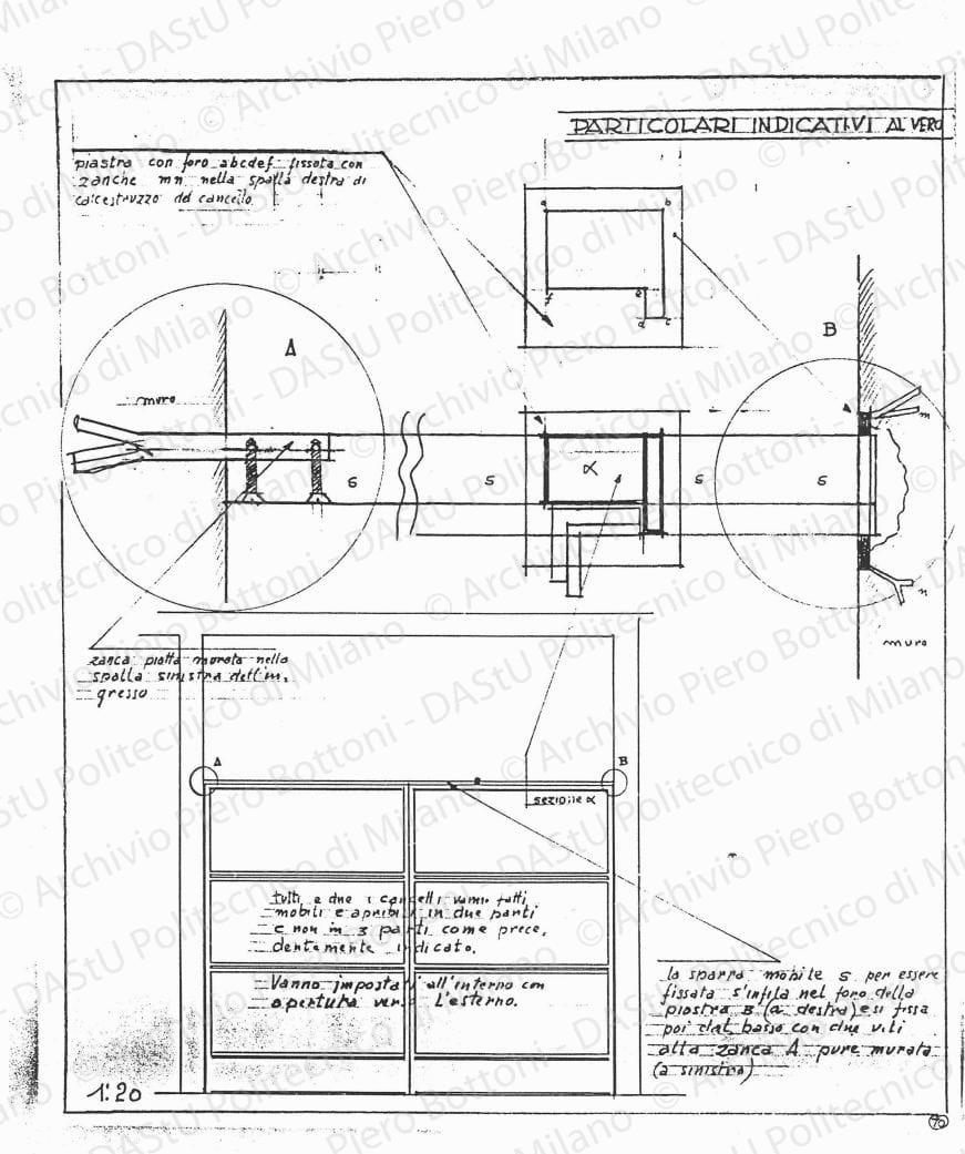 Particolari cancello ingresso, scala 1:1, 1:20, s.d. Matita su lucido, cm 44,4x38,4. 