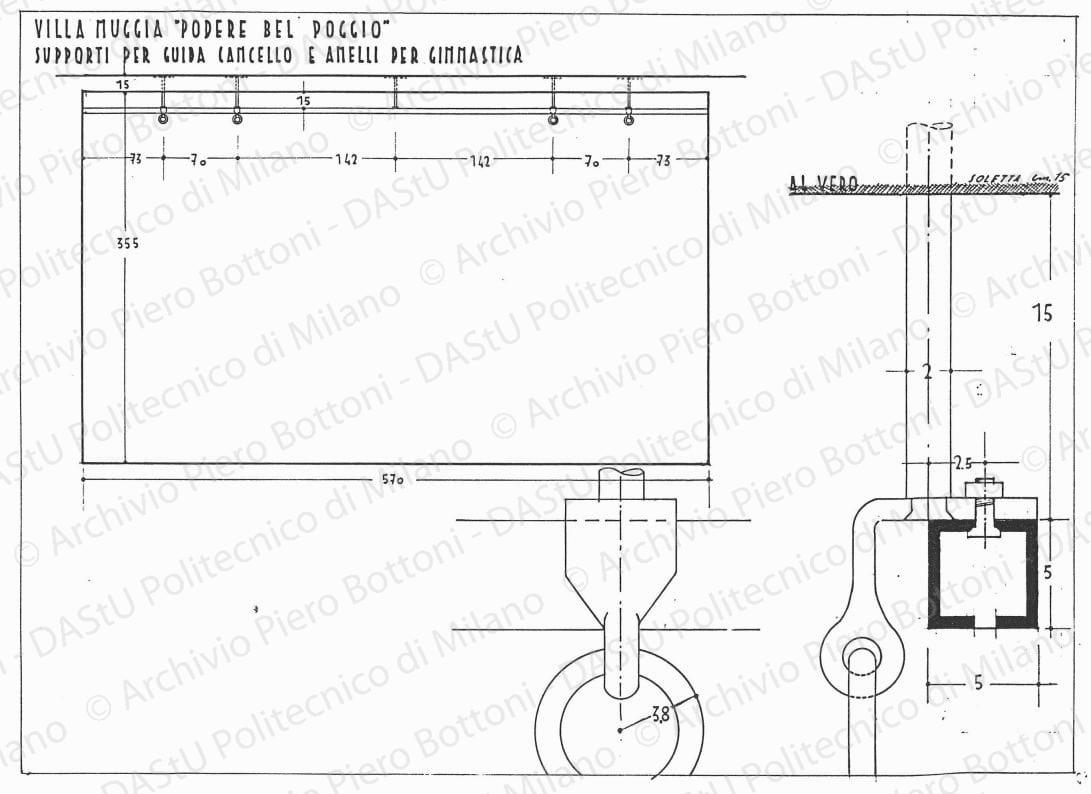 Villa Muggia "podere Bel Poggio", supporti per guida cancello e anelli per ginnastica, scala 1.1,1:20, s.d. China su lucido, cm 37,3x51,7. 