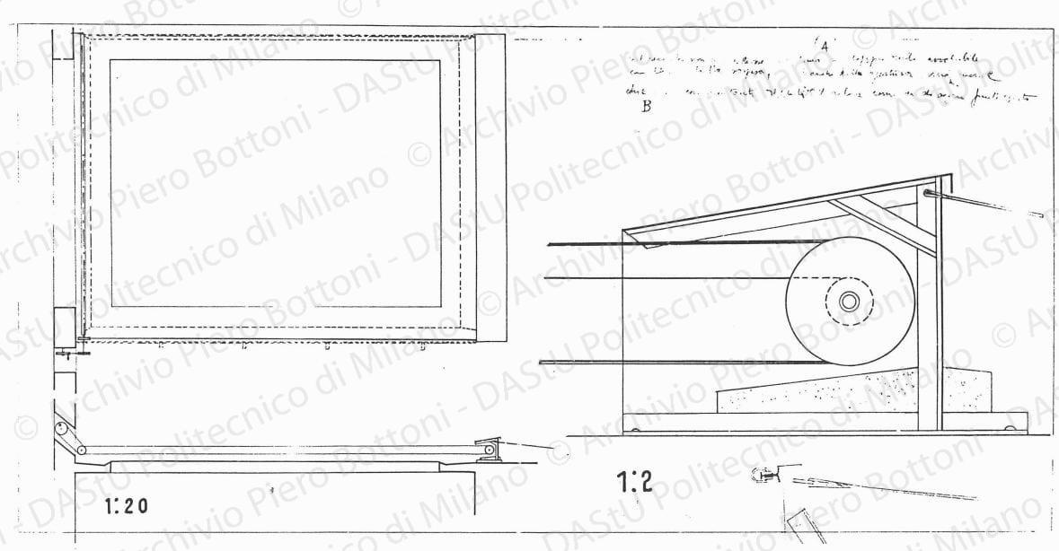 Particolare meccanismo tenda avvolgibile, scala 1:2, 1:20, s.d. China e matita su lucido, cm38,2x75,0. 