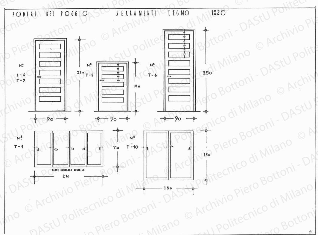 Podere Bel Poggio, serramenti in legno, scala 1:20, s.d. China su lucido, cm 35,5x48,8. 