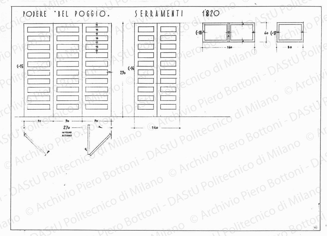 Podere "Bel Poggio", serramenti, scala 1:20, s.d. Matita e china su lucido, cm 36,3x49,0. 